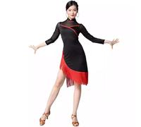 purpleq Women Fringe Split Latin Dance Dress Mesh Long Sleeves Salsa Tango Samba Rumba Dance Dress Cha Cha Practice Skirt,B,M