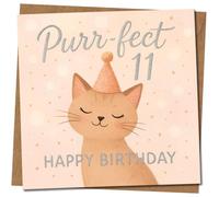 Purr-fect 11 Happy Birthday Cat Card - Cute 11th Birthday for Child - Square 145mm x 145mm, Includes Kraft Envelope