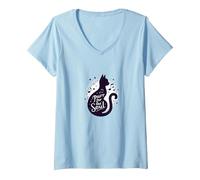 Purr for The Soul: Melodic Cat Silhouette Art V-Neck T-Shirt, Women, Baby Blue, XL