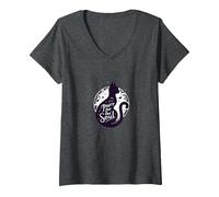 Purr for The Soul: Melodic Cat Silhouette Art V-Neck T-Shirt, Women, Dark Heather Grey, XL