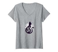 Purr for The Soul: Melodic Cat Silhouette Art V-Neck T-Shirt, Women, Heather Grey, XL