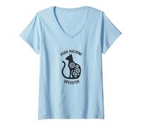 Purr Machine Operator: Cat Lover's Mechanical V-Neck T-Shirt, Women, Baby Blue, XXL