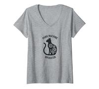 Purr Machine Operator: Cat Lover's Mechanical V-Neck T-Shirt, Women, Heather Grey, XL