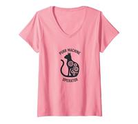 Purr Machine Operator: Cat Lover's Mechanical V-Neck T-Shirt, Women, Pink, L