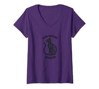 Purr Machine Operator: Cat Lover's Mechanical V-Neck T-Shirt, Women, Purple, L