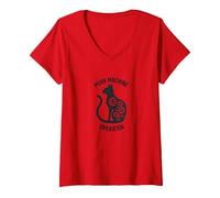 Purr Machine Operator: Cat Lover's Mechanical V-Neck T-Shirt, Women, Red, L