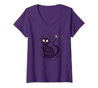 Purr Magic Enchanting Cat Moonlight V-Neck T-Shirt, Women, Purple, S