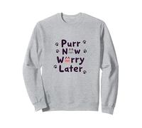 Purr Now Worry Later: Whimsical Cat Lover Quote Sweatshirt, Adult Unisex, Heather Grey, M