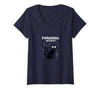 Purranormal Activity: Spooky Cat Halloween V-Neck T-Shirt, Women, Navy, L
