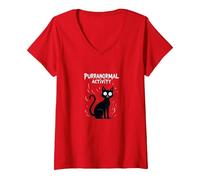 Purranormal Activity: Spooky Cat Halloween V-Neck T-Shirt, Women, Red, M