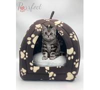 Purrfect Pet ® Pet Tent Cave Bed for Cats/Small Dogs-35x35x40cm 2-In-1 Cat Tent/Cat Bed House with Removable Washable Cushion Pillow -WARM Fleece Pet Bed, Brown, Cream Paws (Pet Cave & Cushion Pillow)