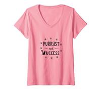 Purrsist and Success: Cat Lover Motivational V-Neck T-Shirt, Women, Pink, S