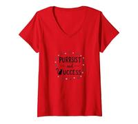 Purrsist and Success: Cat Lover Motivational V-Neck T-Shirt, Women, Red, S