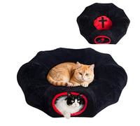 Purrzone Gothic Cat Bed, Coffin Cat Tunnel House with Washable Cushion, Fits Indoor Cats up to 25 lbs, Cute Peekaboo Cave Pet Bed for Kittens, Puppies, Rabbits, Halloween Goth Design, Red & Black