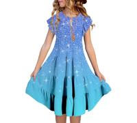 Purse Chains Girls Summer Dress Round Neck Ruffle Sleeve Multilayer A-line Casual Gradient (6-15 Years) Leotard with Girls, sky blue, 14- 15 Years
