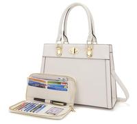 Purse Set Women Tote Handbag Shoulder Bag Top Handle Satchel Work Bag Crossbody Matching Wallet 2pcs, White, L