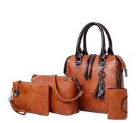 Purses And Handbags Wallet Bag Shoulder Bag Top Handle Satchel Purse Set 4pcs Leather Handbag (Brown, One Size)