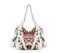 Purses and Handbags Women Fashion Tote Bag Shoulder Bags Top Handle Satchel Purses Washed Synthetic Leather Handbag, 3-flower White, 13.8 * 4.7 * 11.8 inches