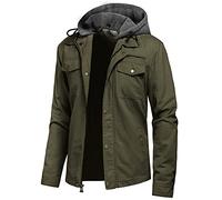 Pursky Men's Canvas Cotton Military Casual Field Jacket Outerwear With Removable Hood, Army Green, Large
