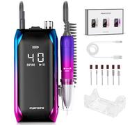 PURTATO Professional Nail Drill 40,000 RPM, Rechargeable,LCD Display E File Machine for Acrylic Nails Gel Polishing Removing Portable Nails Efile Tools for Manicure Salon & Home (Blue&Purple)