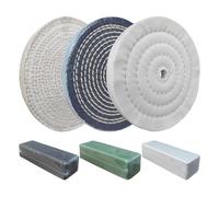 PURUI 6PC 6 Inch Stainless Steel Polishing Buffing Wheel Kit for Bench Grinder,kit with Each 1PC 1/2 Inch Arbor Hole Sisal/Denim/Cotton Wheel and Each 1PC 100g Bar Black/Green/White Polishing Compound