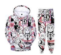 Puruuige MHA Tracksuit Set Uraraka Ochako Sweatshirt Set Anime 3D Printed Hooded Sweatshirt and Sweatpants Autumn Winter Pullover Drawstring Jogger Pants 2 Piece Set
