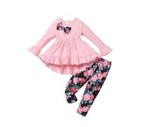 puseky Toddler Baby Girl Clothes 2-3 Years Infant Girl Ruffle Outfits Bowknot Solid Shirt Top and Floral Pant Clothing Sets Pink