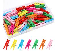 Push Pins with Wooden Clips - Vaktop 50PCS Wooden Pegs with Pushpins, Multicoloured Drawing Pins - for Cork Boards Notes Photos Display Wall (with Storage Box)