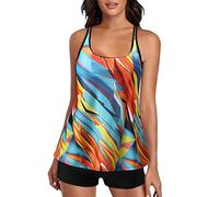 Push Up Bikini Set-Plus Size Tropical Print Cyan Wide Strap Top Swimsuits For Women Two Piece Bathing Suits Long Torso Tank Tops With Boyshorts (Multicolor, Xl)