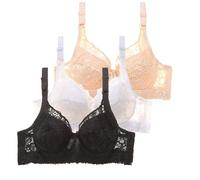 Push Up Bras for Women 3 Pack Lace Underwired Full Coverage Bra with Adjustable Straps Soft Floral Pushup Bra for Everyday Wear Please Select One Size Larger Black