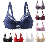 Push Up Bras for Women, Floral Lace Padded Underwire Bralettes, Curve-Enhancing Womens Underwear, V Neck Seamless Sleeping Bra with Adjustable Straps, Push-Up Cups & Removable Pads Blue
