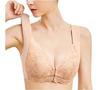 Push Up Bras for Women Front Fastening Wireless Bras Lace Embroidery Wide Strap Plunge Comfy for Everyday Padded Hook Vest Women Gathering and Breathable Underwear Beige M
