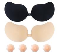 Push Up Invisible Bra for Women, 2 Pack Reusable Strapless Backless Bra, Skin Friendly Sticky Adhesive Bra with 4 Nipple Covers for Wedding, Party, Daily Wearing (B Cup/Mango Shape/Black+Beige)