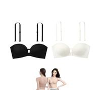 Push Up Strapless Bra 36d 34b 36g 32e Black Padded Seamless Backless Jelly Bra Low Back Large Breasts Front Fastening Sports Tops Non Wired Soft Lightweight Wireless Bras for Work Office Travel 2 Pack