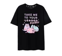 Pusheen Womens T-Shirt | Ladies Black Take Me To Your Feeder Graphic Tee | Oversized Cute Kitty Short-Sleeve Tshirt | Lightweight Internet Cat Apparel Top | Stylish Daywear Merchandise Gift for Adults