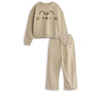 Pusheen Girls Sweatshirt & Joggers Set | Kids Big Character Face Graphic Print Sweater & Bottoms in Beige | Childrens Crewneck Pullover and Sweatpants | Cute Cartoon Cat Merchandise Gift