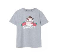 Pusheen Girls T-Shirt | Grey Marl Sweet Sips Graphic Tee for Kids | Short-Sleeved Crew Neck Internet Cat Top | Comfortable & Stylish Cute Daywear | Merchandise Gift for Children & Teens