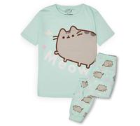 Pusheen Girls Pyjama Set | Green Loungewear Short Sleeve T-Shirt & All Over Print Long Leg Pants PJs For Kids | Internet Cat Meow Pyjama | Teens Cute Nightwear Merchandise Gift