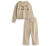 Pusheen Girls Sweatshirt & Joggers Set | Kids Big Character Face Graphic Print Sweater & Bottoms in Beige | Childrens Crewneck Pullover and Sweatpants | Cute Cartoon Cat Merchandise Gift