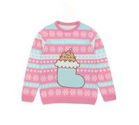 Pusheen Girls Christmas Jumper in Pink | Long Sleeve Graphic Knitted Sweater for Children | Warm The Cat Festive Holiday Long Sleeve Knitwear Top | Pullover Knit Merchandise Gift for Kids