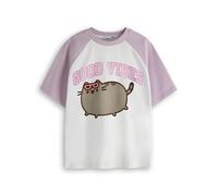 Pusheen Girls Raglan T-Shirt | Kids Good Vibes Two Tone Short Sleeve Graphic Tee | Internet Cat Kitten Cool College Style Apparel Top | Cute Cartoon Merchandise Gift for Teens White