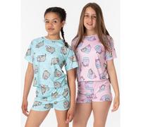 Pusheen Girls Pyjama Set | 2 Pack Multicoloured Short Sleeve T-Shirt with Shorts Nightwear PJs For Kids | Pink & Blue Cartoon Cat Pyjama | Cute Sleepwear Merchandise Gift for Children & Teens