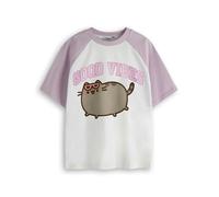 Pusheen Girls Raglan T-Shirt | Kids Good Vibes Two Tone Short Sleeve Graphic Tee | Internet Cat Kitten Cool College Style Apparel Top | Cute Cartoon Merchandise Gift for Teens White