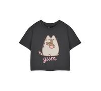 Pusheen Yum Noodles Womens Charcoal Cropped T-Shirt | Graphic Tee Short Sleeve Top | Cute Cat Cartoon Apparel | Comfortable Casual Wear | Yum Noodles Print Shirt for Women
