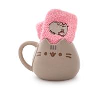 Pusheen Womens Mug and Sock Set | Adults the Cat Graphic Print Calf Socks & Ceramic Mug in Pink & Brown | Ladies Tabby Cat with 3D Ears Hot Drinks Mug | Cartoon Comic Strip Merchandise Gift