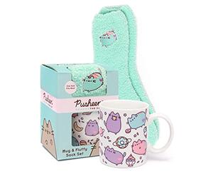 Pusheen Mug and Socks Gift Set for Adults Kids | Novelty Cat Cup with One Size Fluffy Slippers | Animated Blue White Ceramic Homeware 11 Oz