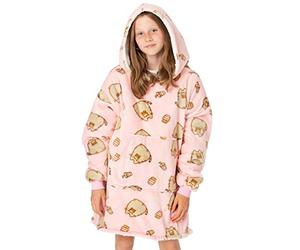 Pusheen Oversized Blanket Hoodie Kids | Girls Tabby Cat Snacks Fluffy Sherpa Fleece Pullover Vuddie | One Size Sweatshirt With Big Pocket Pink
