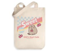 Pusheen Sweet Cherry Ladies Beige Tote Bag | Cartoon Design with 'Sweet, Fresh!, 100% Real Cute' Text | Ideal for Shopping & Carrying Items Merch