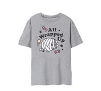 Pusheen the Cat Pusheen Womens Short-Sleeved T-Shirt | All Wrapped Up Grey Halloween Graphic Tee for Adults Seasonal Grey Short Sleeve Top | Spooky and Cute Merchandise Gift for Women