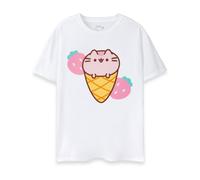 Pusheen Womens T-Shirt | Ladies Cat Ice Cream Short Sleeve Graphic Tee in White | Adorable Animal Strawberry Dessert Internet Kitten Apparel Top | Cute Crewneck Merchandise Gift for Her